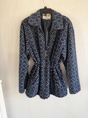 Kristen Blake KB Apres Navy & White Patterned Zip-Front Pea Coat w/ Drawstring